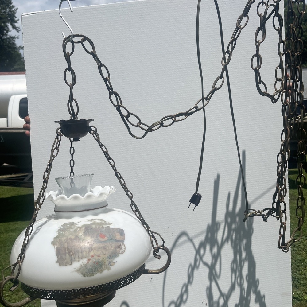 Vtg Aladdin Electric Milk Glass Library Hanging Lamp Chandelier 10" Stagecoach - Picture 3 of 16